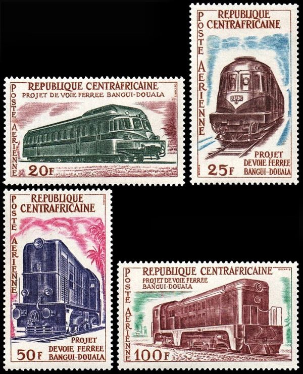 REPUBLICA CENTROAFRICANA/SELLOS, 1963 - TRENES - LOCOMOTORAS - YV 12/15 - 4 VALORES -UEVO