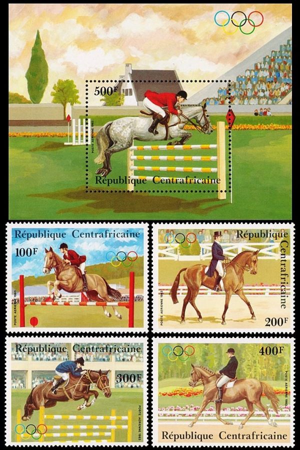 REPUBLICA CENTROAFRICANA/SELLOS, 1983 - DEPORTES - HIPISMO - CABALLOS - YV 276/79 + BF 64 - 4 VALORES + BLOQUE - NUEVO