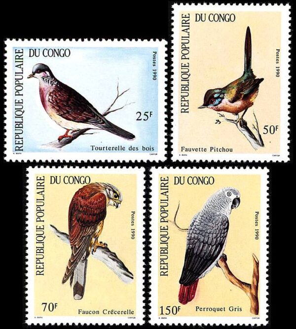 REPUBLICA POPULAR DEL CONGO/SELLOS, 1990 - AVES - LORO - 4 VALORES