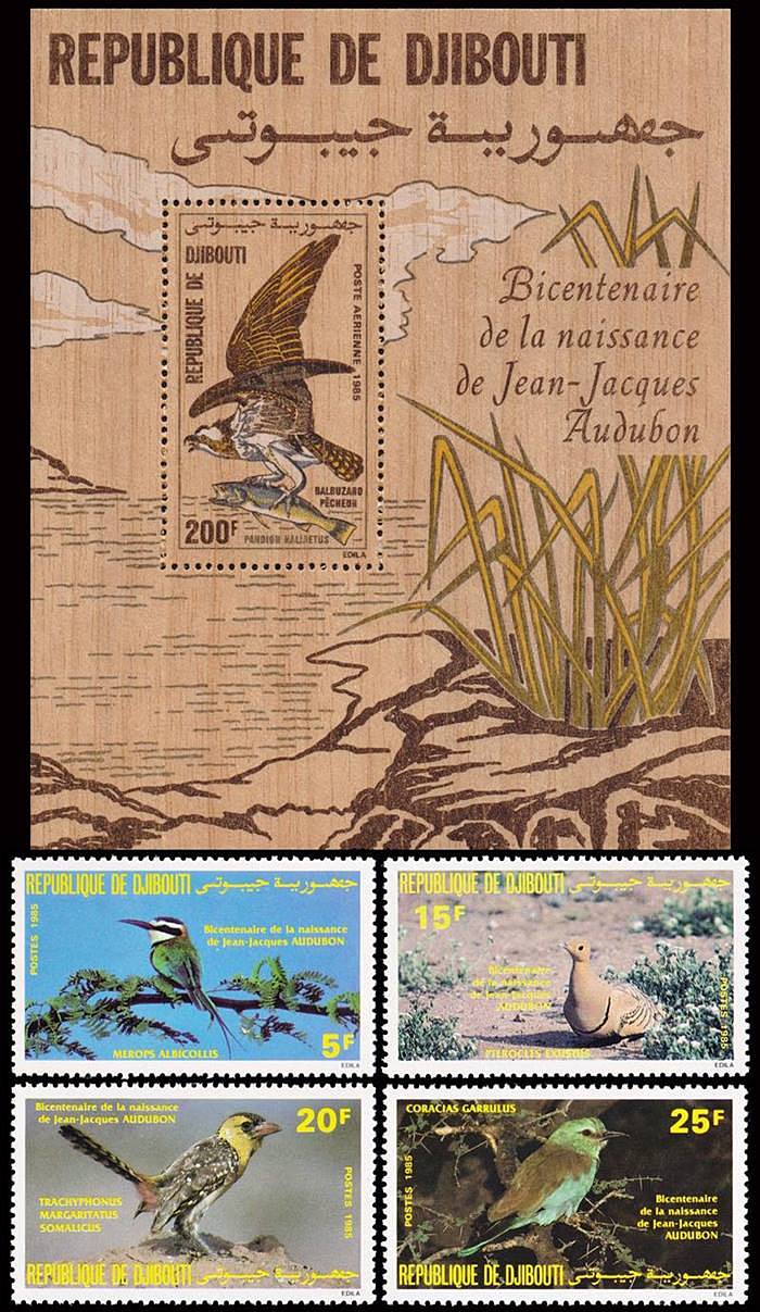 REPUBLICA DE DJIBOUTI/SELLOS, 1985 - AVES - JOHN J AUDUBON - - FAUNA - YV 596/99 + BF 4 - 4 VALORES - BLOQUE - NUEVO
