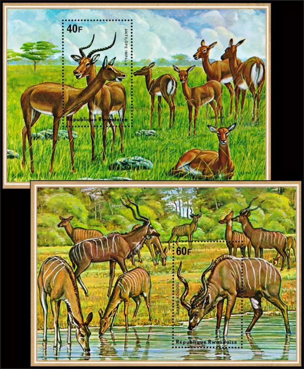 REPUBLICA DE RUANDA/SELLOS, 1975 - FAUNA: ANTILOPES Y KUDUES - YV BF 45/46 - 2 BLOQUES - NUEVOS