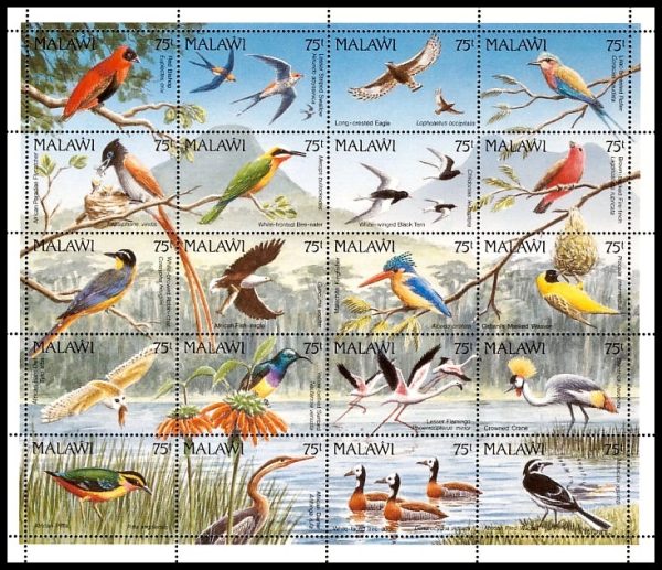 MALAWI/SELLOS, 1991 - FAUNA - AVES - YV 589/608 - HOJITA - NUEVO