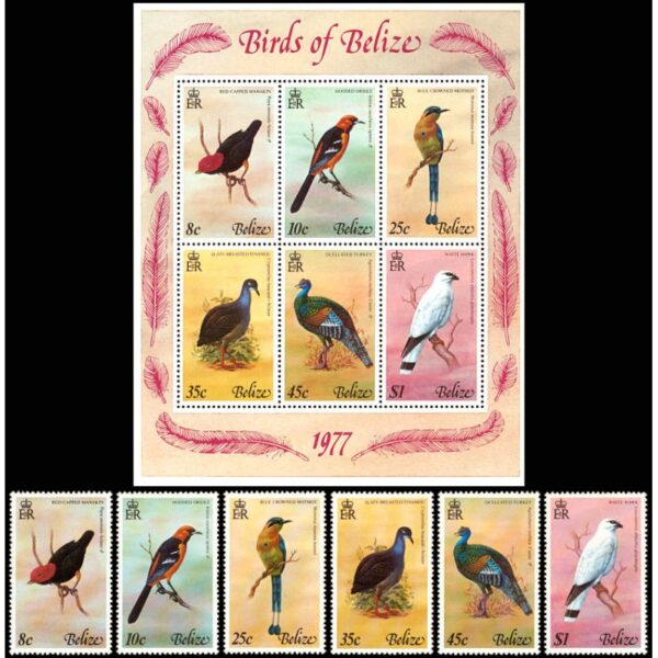 BELIZE/SELLOS,1977 - AVES - YV 383/88 + BF 2 - 6 VALORES - BLOQUE