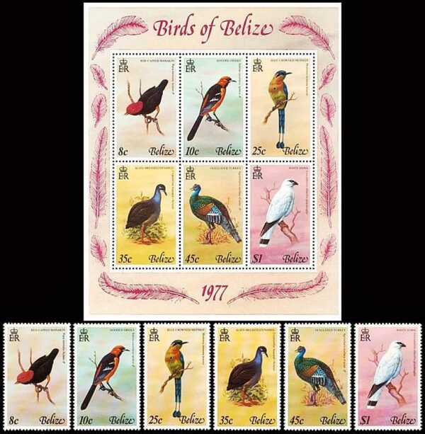 BELIZE/SELLOS,1977 - AVES - YV 383/88 + BF 2 - 6 VALORES - BLOQUE