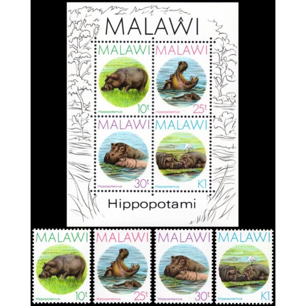 MALAWI/SELLOS, 1987 - FAUNA - HIPOPOTAMOS - YV 497/500 + BF 67 - 4 VALORES + BLOQUE - NUEVO