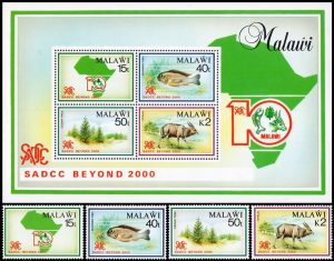 MALAWI/SELLOS, 1990- FAUNA - ARBOLES - YV 569/72- 4 VALORES + BLOQUE - NUEVO