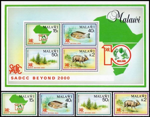 MALAWI/SELLOS, 1990- FAUNA - ARBOLES - YV 569/72- 4 VALORES + BLOQUE - NUEVO