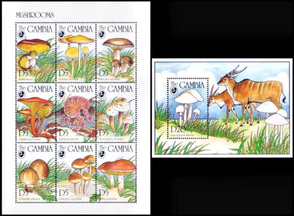 GAMBIA/SELLOS, 1994 - FLORA - HONGOS - FAUNA - ANTILOPES - YV 1689/97 + BF 232 - HOJITA + BLOQUE - NUEVO