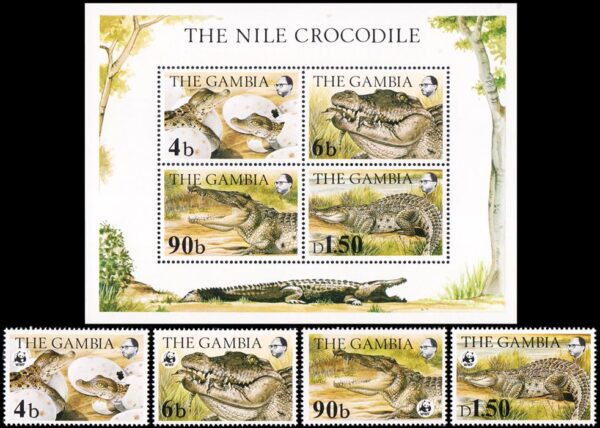 GAMBIA/SELLOS, 1984 - W.W.F. PROTECCION DE LA NATURALEZA - COCODRILOS - YV 510/13 + BF 11 - 4 VALORES + BLOQUE - NUEVO