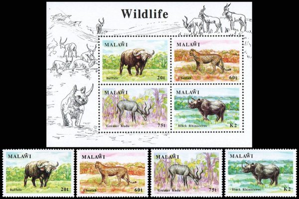 MALAWI/SELLOS, 1991 - ANINALES SALVAJES - YV 581/84 + BF 74 - 4 VALORES + BLOQUE - NUEVO