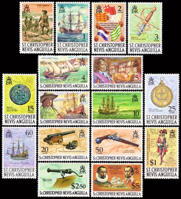 SAN CRISTOBAL NEVIS Y ANGUILLA/SELLOS, 1970 -BARCOS - BANDERAS - HISTORIA - SERIE ORDINARIA - YV 220/35 - 16 VALORES - NUEVO