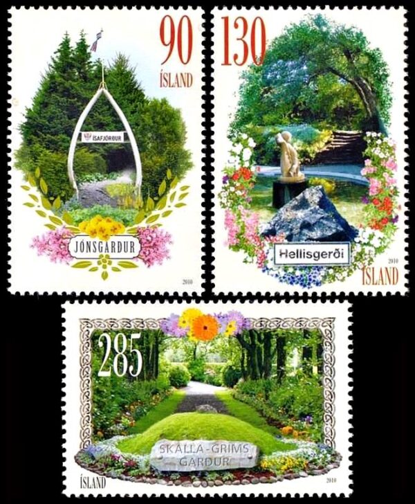 ISLANDIA/SELLOS, 2010 - JARDINES PUBLICOS - JARDIN Y PARQUES PUBLICO DE BORGARNES - YV 1200/02 - 3 VALORES - NUEVO