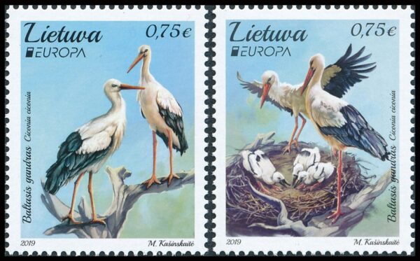 LITUANIA/SELLO, 2019 - TEMA EUROPA - AVES - CIGUEÑAS - 2 VALORES - NUEVO