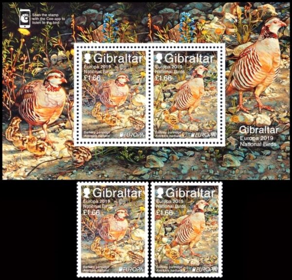 GIBRALTAR/SELLOS, 2019 - AVES - TEMA EUROPA - 2 VALORES + BLOQUE - NUEVO