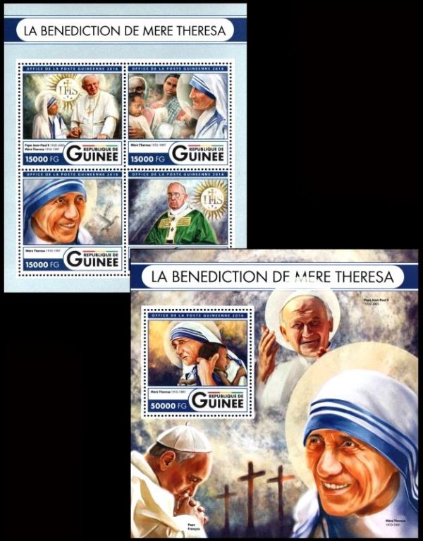 REPUBLICA DE GUINEA, 2016 - MADRE TERESA - PAPA FRANCISCO - PAPA JUAN PABLO II - YV 8501/4 + BF 1988 - HOJITA + BLOQUE - NUEVO