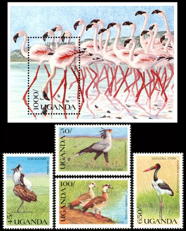 UGANDA/SELLOS, 1990 - AVES - YV 685/85 + BF 115 - 4 VALORES +BLOQUE - NUEVO