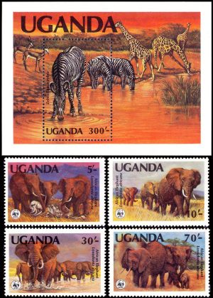UGANDA/SELLOS, 1983 - W.W.F. FAUNA - YV 316/19 + BF 127 - 4 VALORES + BLOQUE - NUEVO