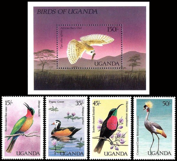 UGANDA/SELLOS, 1987 - FAUNA - AVES - 474/77 + BF 72 - 4 VALORES + BLOQUE - NUEVO