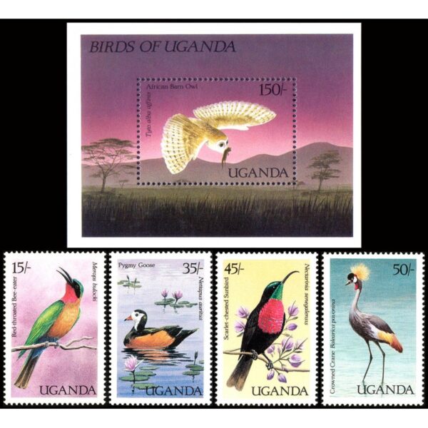 UGANDA/SELLOS, 1987 - FAUNA - AVES - 474/77 + BF 72 - 4 VALORES + BLOQUE - NUEVO