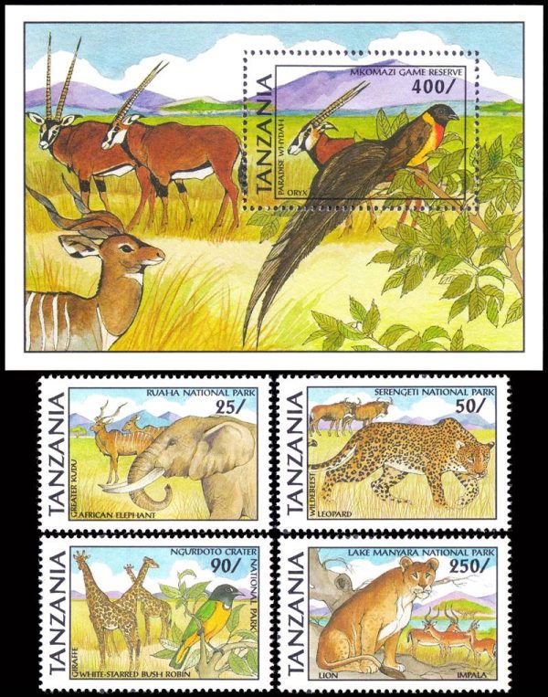 TANZANIA/SELLOS, 1989 - FAUNA - PARQUES NACIONALES YV 672/75 + BF 127 - 4 VALORES + BLOQUE - NUEVO