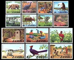 ZAMBIA/SELLOS, 1975 - FAUNA - TRABAJOS - SERIE ORDINARIA - YV 133/46 - 14 VALORES - NUEVO
