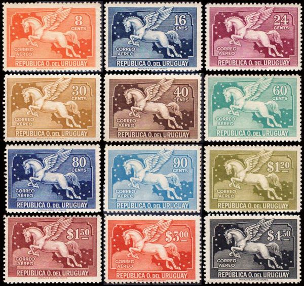 URUGUAY/SELLOS, 1929 - PEGASUS - SERIE ORDINARIA - CORREO AEREO - YV 27/38 - 12 VALORES - NUEVO - BISAGRA