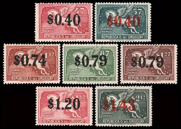 URUGUAY/SELLOS, 1944 - PEGASUS - SERIE ORDINARIA - CORREO AEREO - SOBRECARGOS - YV 101/107 - 18 VALORES - NUEVO - MINT