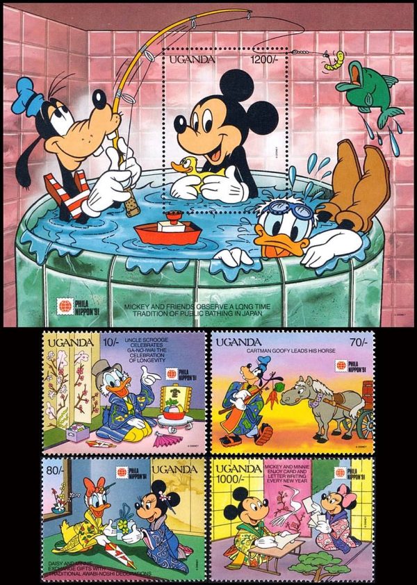 UGANDA/SELLOS, 1991 - DISNEY - YV 750/53 + BF 136 - 4 VALORES + BLOQUE - NUEVO