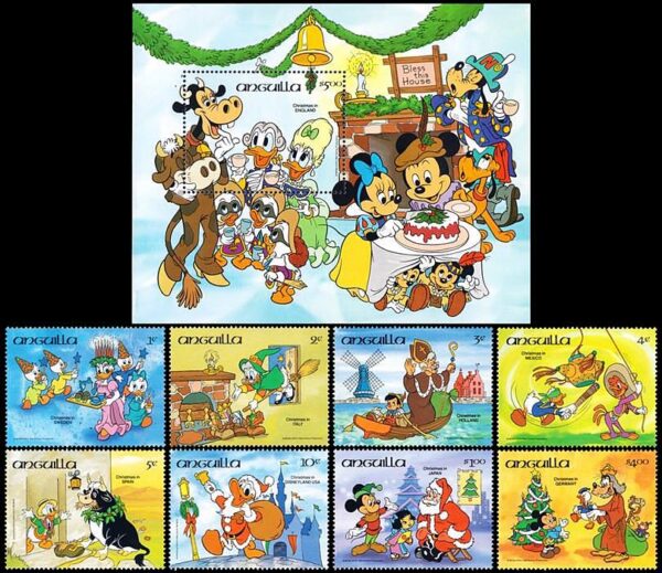 ANGUILLA/SELLOS, 1984 - DISNEY - NAVIDAD - YV 567/74 + BF 60 - 8 VALORES + BLOQUE - NUEVO