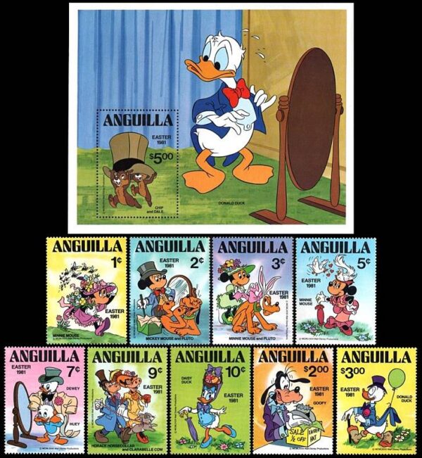 ANGUILLA/SELLOS, 1981 - DISNEY - YV 400/08 + BF 37 - 9 VALORES + BLOQUE - NUEVO