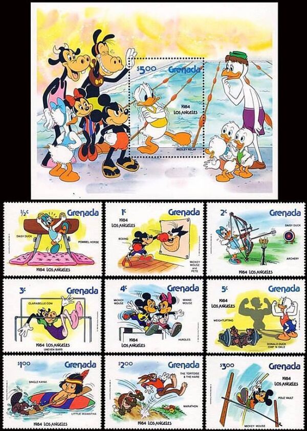 GRANADA/SELLOS, 1984 - DISNEY - DEPORTES - YV 1111/19 + BF 115 - 6 VALORES + BLOQUE - NUEVO