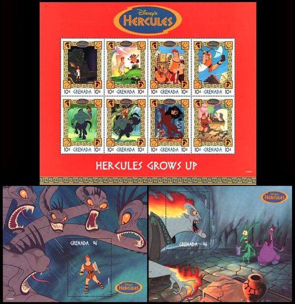 GRANADA/SELLOS, 1998 - DISNEY - CINE - HERCULES - YV 3223/30 + BF 477/78 - HOJITA + 2 BLOQUES - NUEVO