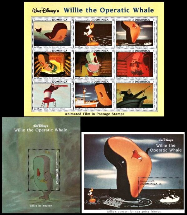 DOMINICA/SELLOS, 1993 - DISNEY - WILLIE, LA BALLENA OPERISTICA - YV 1577/85 + BF 250 Y 253 - HOJITA + 2 BLOQUES - NUEVO