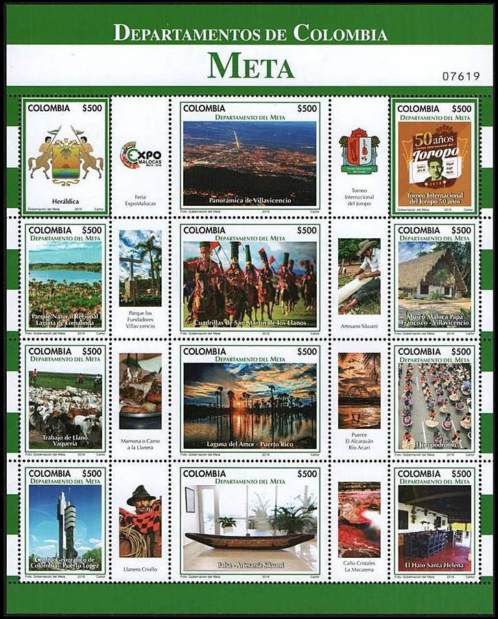 COLOMBIA/SELLOS. 2018 - DEPARTAMENTOS DE META - ESCUDOS - VISTAS - YV 1869/80 - HOJITA - NUEVO