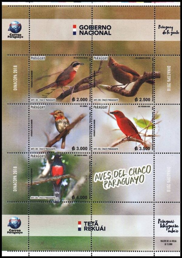 PARAGUAY/SELLO, 2018 - FAUNA - AVES DE PARAGUAY - YV 3278/82 - HOJITA - NUEVO