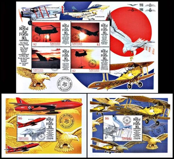 GRANADA GRANADINAS/SELLOS 1998 , AVIONES - AVES DE PRESA - YV 2349/52 + BL 418/19 - HOJITA MAS 2 BLOQUES - NUEVO