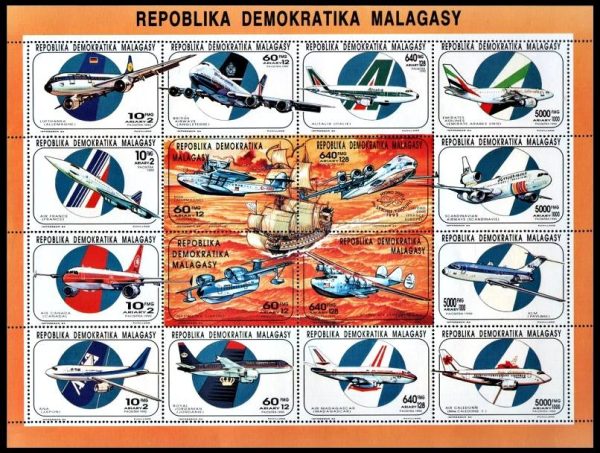 MADAGASCAR/SELLOS, 1993 - AVIONES - YV 1204/1219 - HOJITA - NUEVO