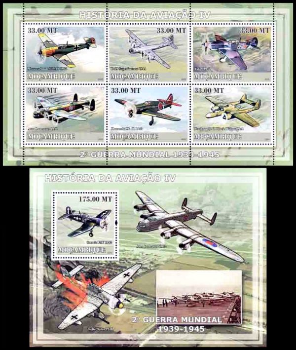 MOZAMBIQUE/SELLOS, 2009 - AVIONES - SEGUNDA GUERRA MUNDIAL - YV 2644/49 + BF 199 - HOJITA + BLOQUE - NUEVO