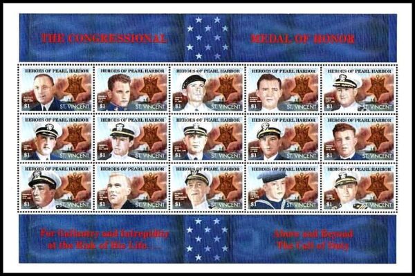 SAN VICENTE/SELLOS, 1991 - HEROES DE LA BATALLA DE PEARL HARBOR - YV 1354/68 - HOJITA - NUEVO