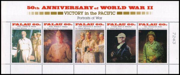 PALAU/SELLOS, 1995 - SEGUNDA GUERRA MUNDIAL - VICTORIA EN EL PACIFICO - YV 857/61 - HOJITA - NUEVO