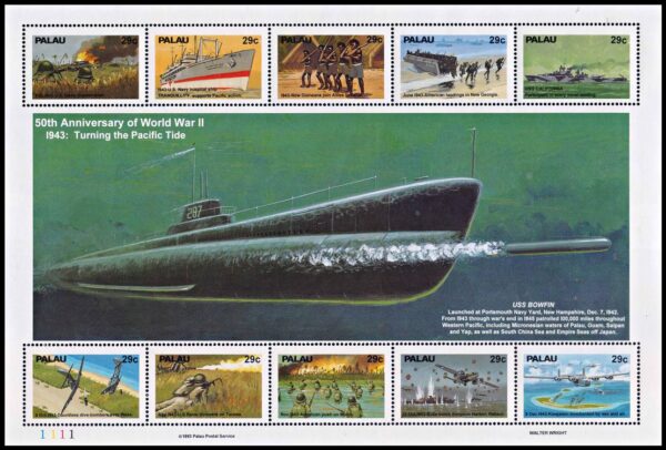 PALAU/SELLOS, 1993 - SEGUNDA GUERRA MUNDIAL - AVIONES - BARCOS - SUBMARINO - YV 547/56- HOJITA - NUEVO