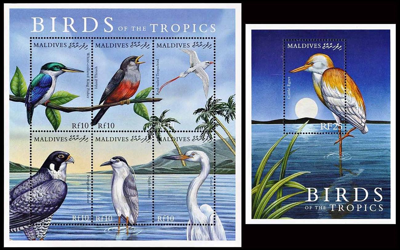 MALDIVAS/SELLOS,, 2000 - AVES DEL TROPICO - YV YV 2988/93 + BF 448 - HOJITA + BL