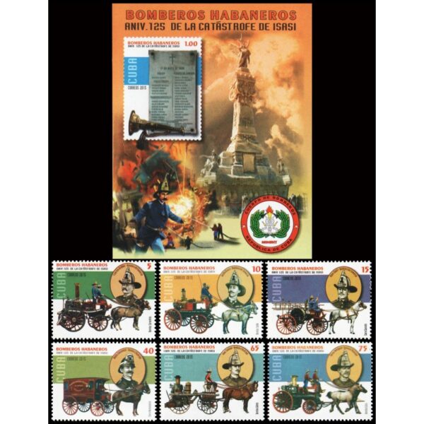 CUBA/SELLOS, 2015 - BOMBEROS - YV 5360/65 + BF 318 - 6 VALORES + BLOQUE - NUEVO