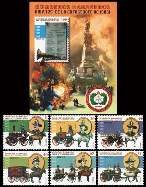 CUBA/SELLOS, 2015 - BOMBEROS - YV 5360/65 + BF 318 - 6 VALORES + BLOQUE - NUEVO