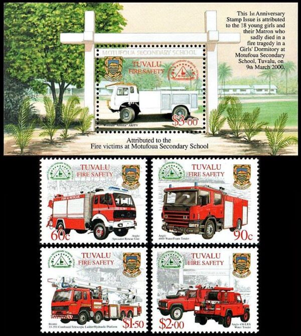 TUVALU/SELLOS, 2001 - BOMBEROS - YV 890/93 + BF 79 - 4 VALORES + BLOQUE - NUEVO