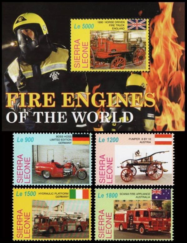 SIERRA LEONA/SELLOS, 2005 - BOMBEROS - YV 4029/32 + BF 595 - 4 VALORES + BLOQUE - NUEVO