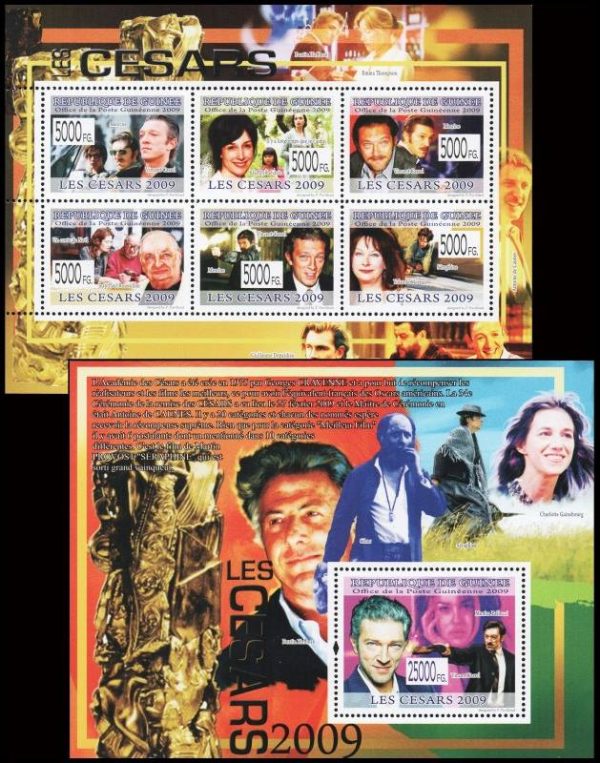 REPUBLICA DE GUINEA/SELLOS, 2009 - CINE - LOS PREMIO "CESAR" - YV 4185/90 + BF 997 - HOJITA + BLOQUE - NUEVO