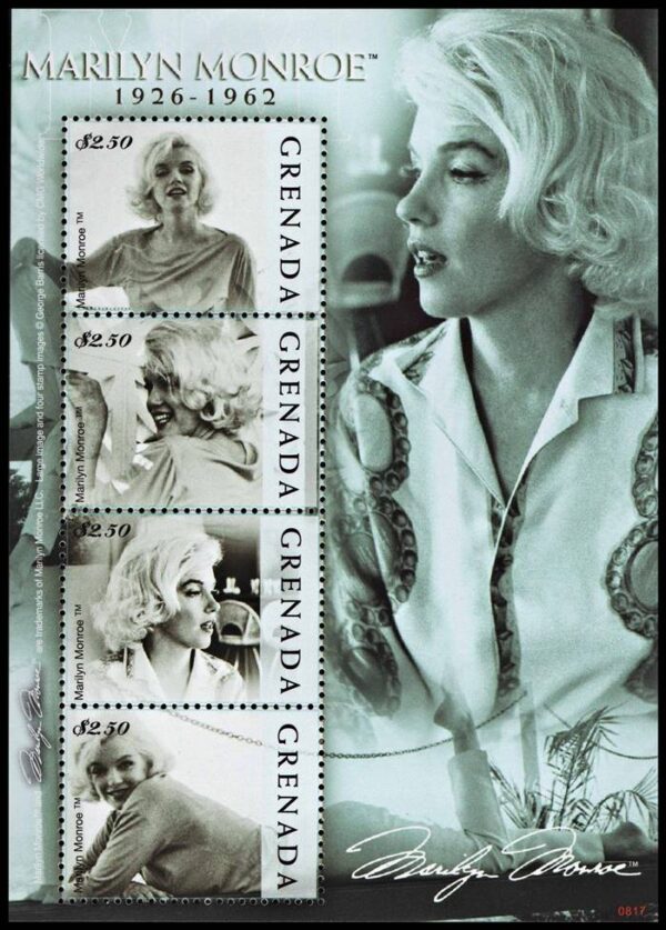 GRANADA/SELLOS, 2009 - CINE - MARILYN MONROE (1926-1962) - YV 5138/41 - HOJITA CON 4 VALORES - NUEVO