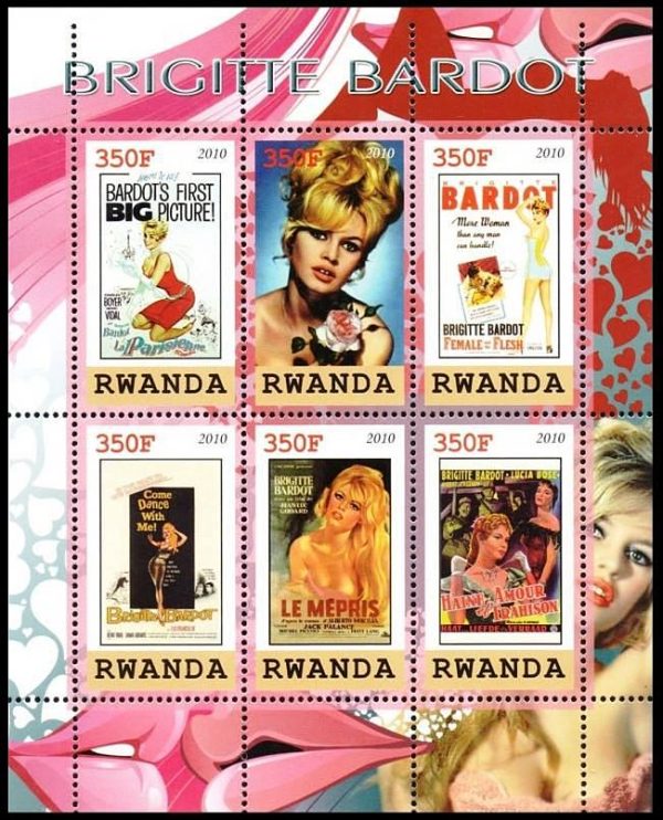 RUANDA/SELLOS, 2010 - CINE - BRIGITTE BARDOT - HOJITA - NUEVO