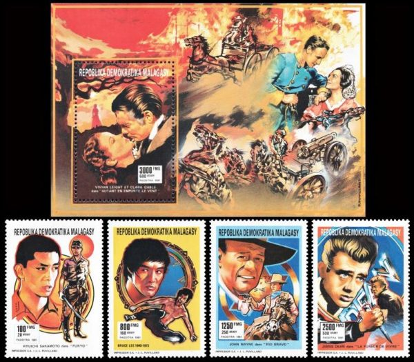 MADAGASCAR/SELLOS, 1991 - CINE - YV 1044/47 + 4 VALORES + BF 75 - BLOQUE - NUEVO